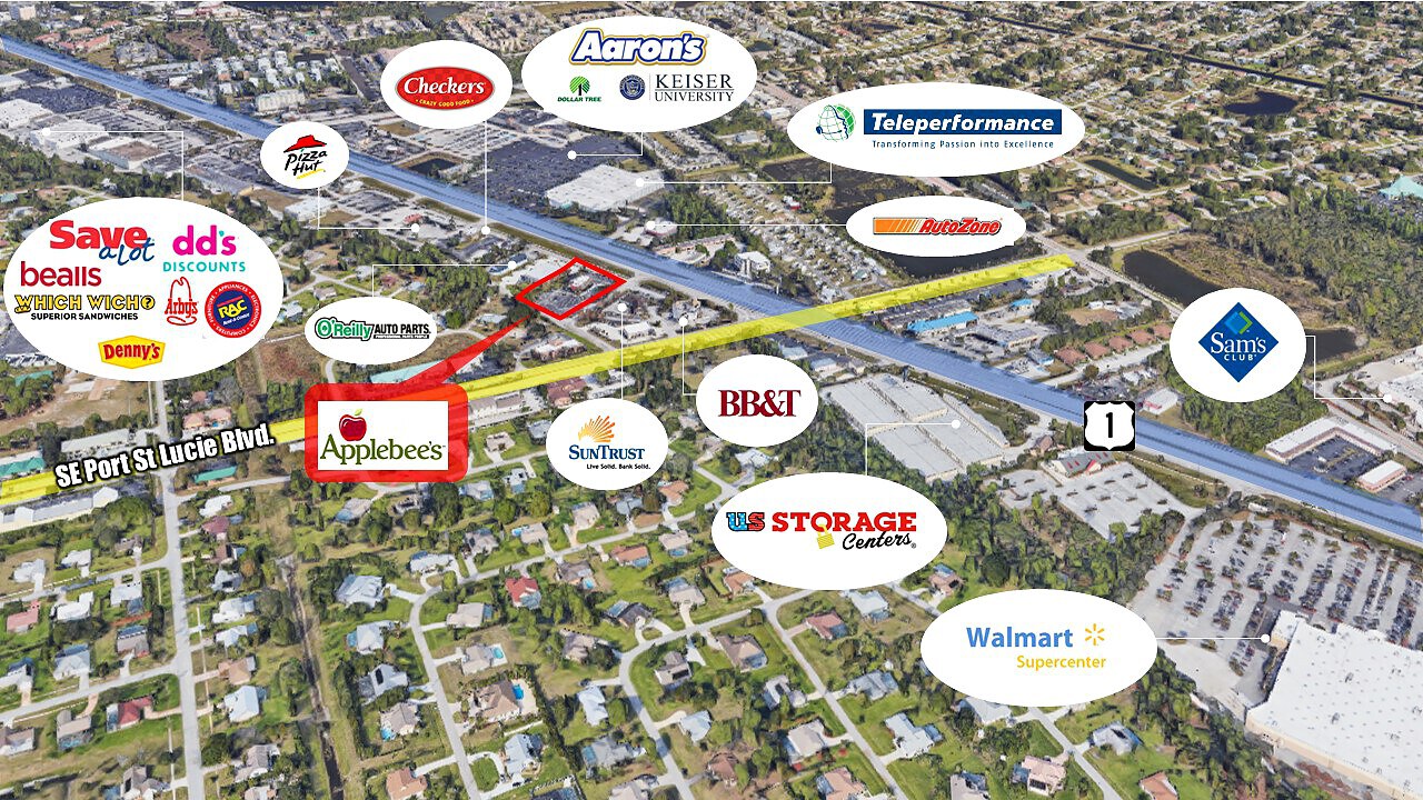 Retail labeled aerial: the subject property outlined in red along a commercial corridor, surrounded by labeled national retailers including Walmart Supercenter, Sam's Club, and Applebee's