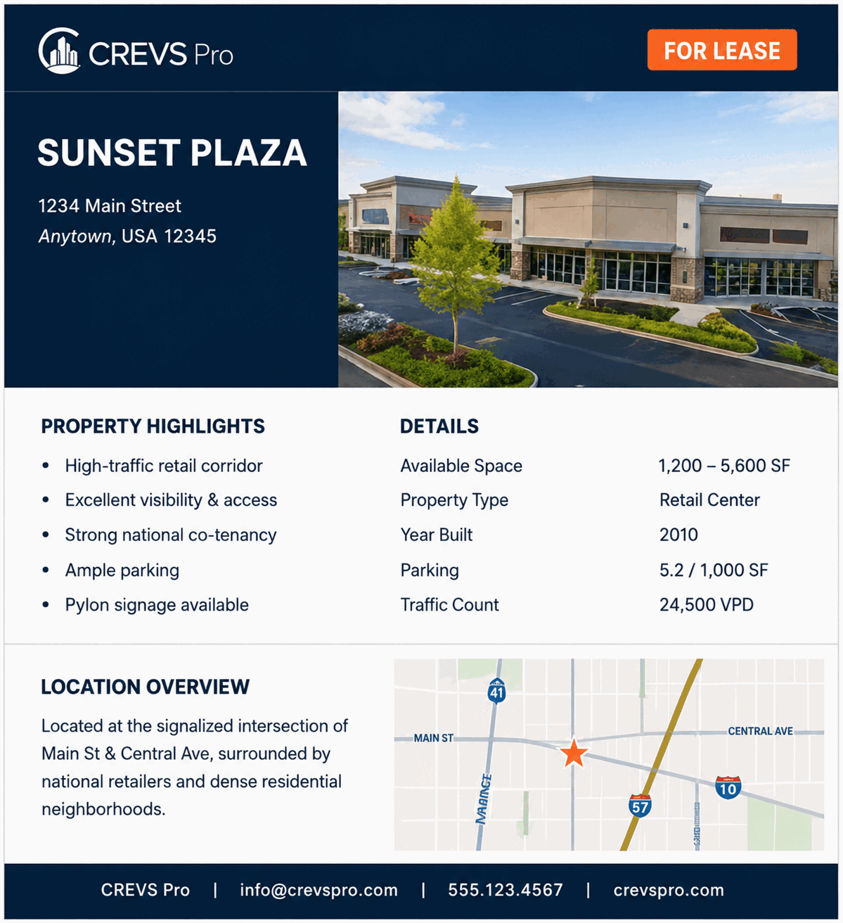 Property lease flyer for Sunset Plaza with CREVS Pro branding, a building photo, property highlights, a details table, and a location map